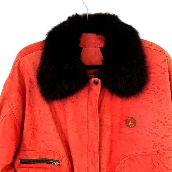 Guy Laroche Vintage Red Suede Bomber Jacket Black Fur Collar Embroidered Logos - Picture 6 of 12